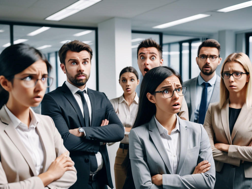 A group of people in an office setting, speaking in a language made entirely of acronyms and jargon, looking confused yet determined