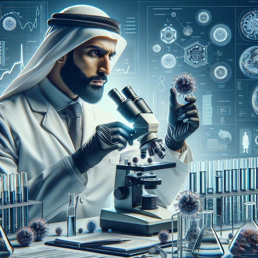 A person in a lab coat examining a vial of a mysterious virus under a microscope, with a background of scientific equipment and charts, hyper-realistic, intricate details, dramatic lighting