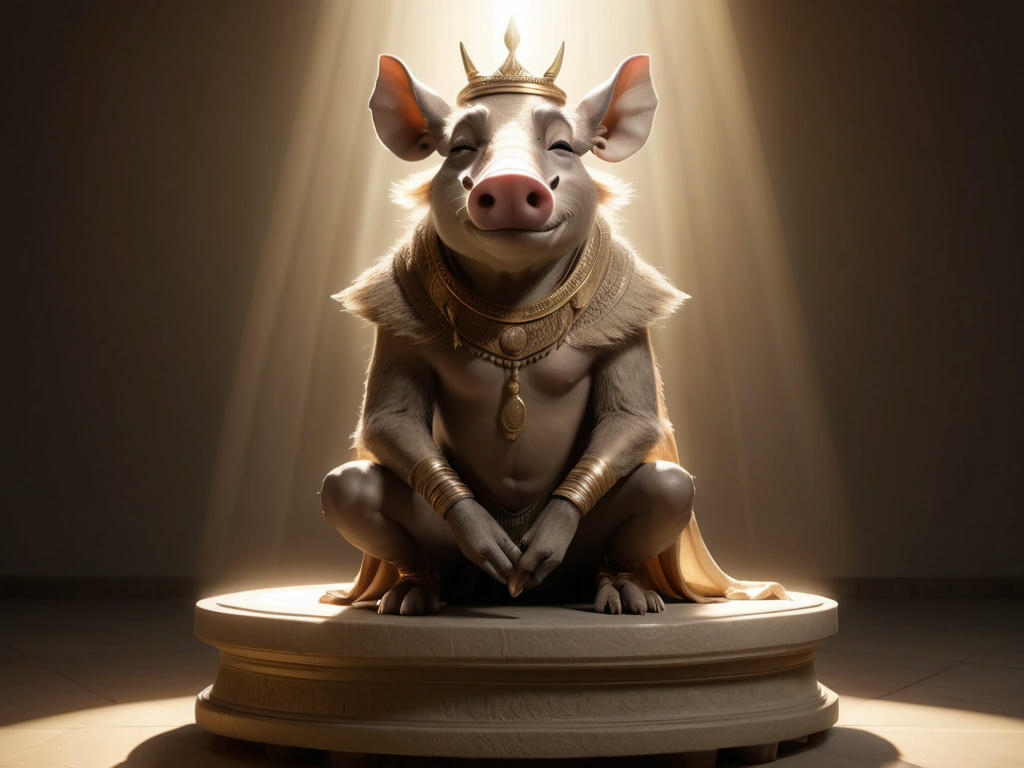 a regal, anthropomorphic warthog with a wise expression, kneeling on a pedestal, surrounded by a halo of light, its eyes closed as if in contemplation