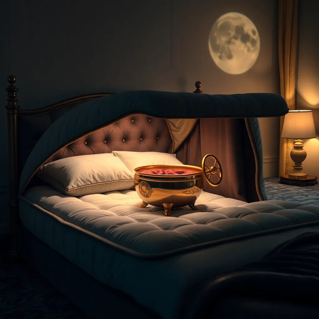 A luxury mattress with a trapdoor opening to reveal a golden chamber pot on wheels, complete with velvet cushion and tiny steering wheel, moonlit bedroom setting