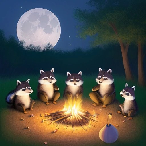 The raccoons and their caretakers gathered around the bonfire