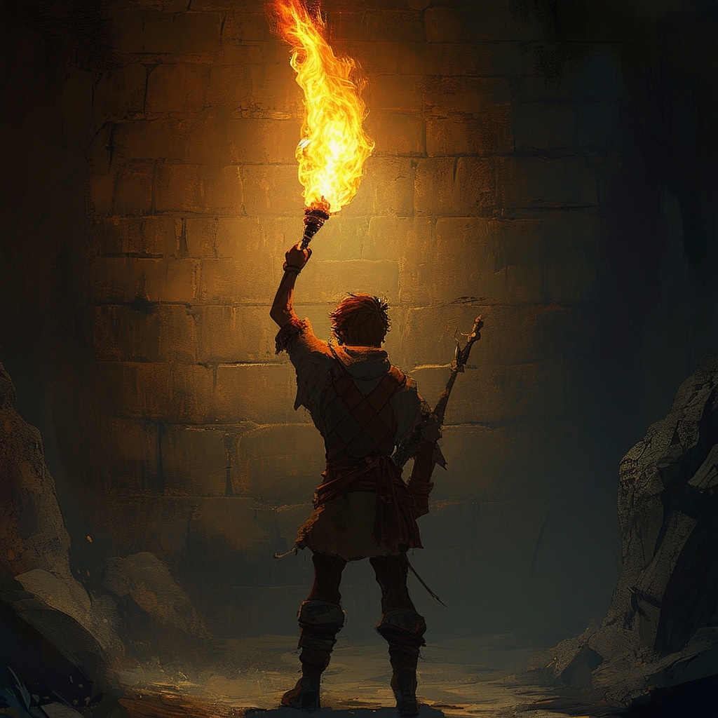 An adventurer holding a light aloft in a dark room, with a dramatic backlight casting a large shadow.