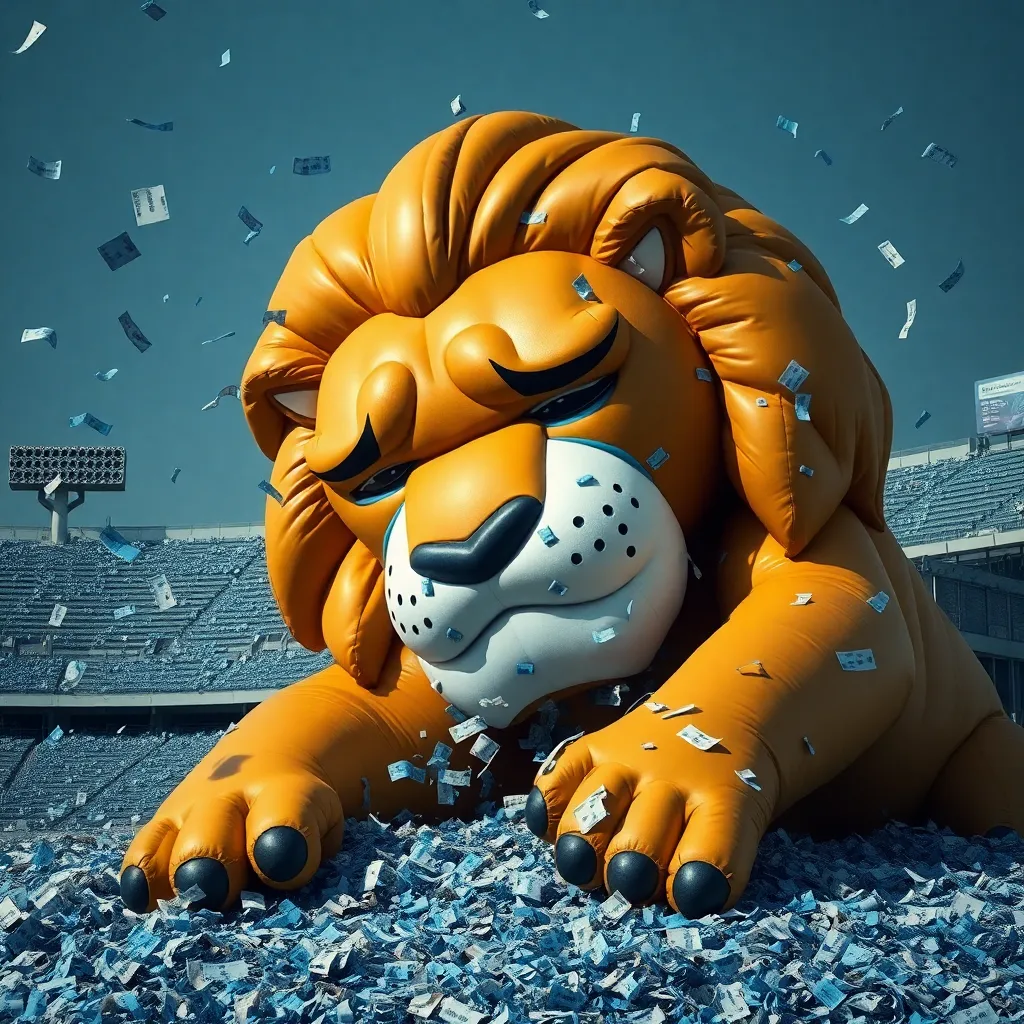 A giant inflatable lion mascot that looks like it is crying, slumped over a suburban stadium, surrounded by blue and silver confetti that is actually just shredded unpaid parking tickets, surrealist photography style