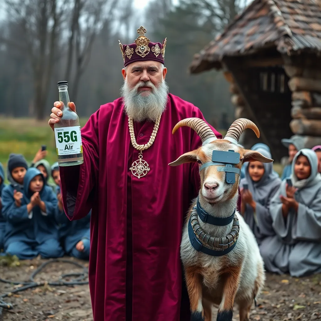 A Ukrainian mayor in a velvet robe holding a glass bottle labeled '5G Air' while standing beside a router duct-taped to a goat, with villagers kneeling in the background offering USB drives as offerings