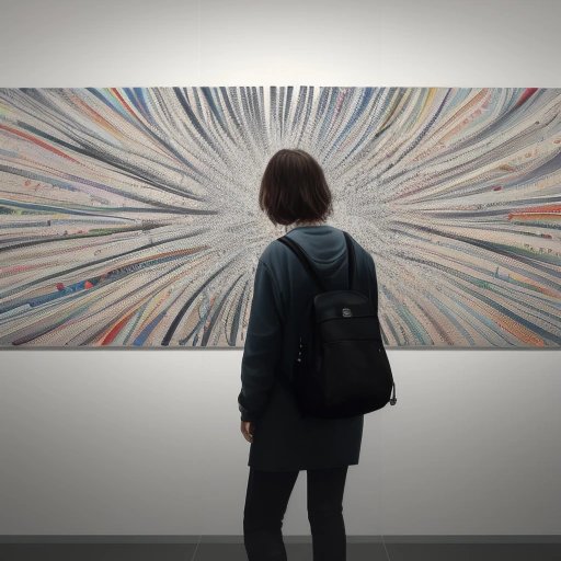 Confused person in front of a wall of AI-generated artworks