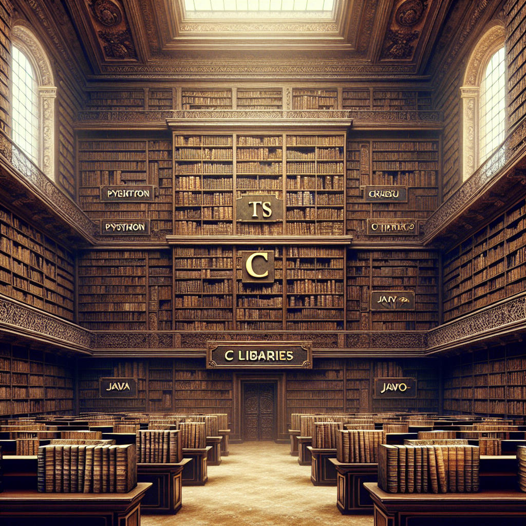 A library shelf labeled 'C Libraries' overshadowing smaller shelves labeled with other programming languages.