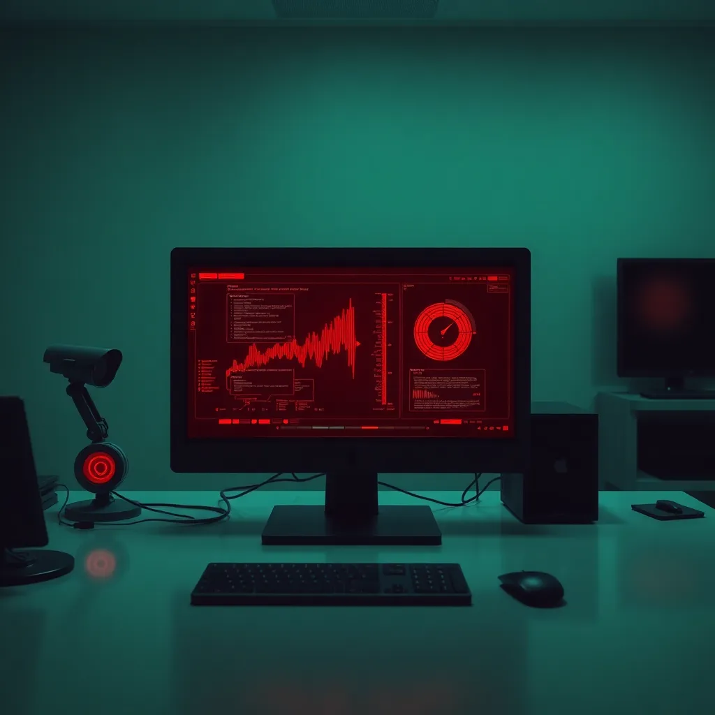 stylized computer desktop inspired by tightly controlled state aesthetics, crimson accents, stern interface elements, eerie office setting with surveillance mood, polished but uncanny, cinematic realism