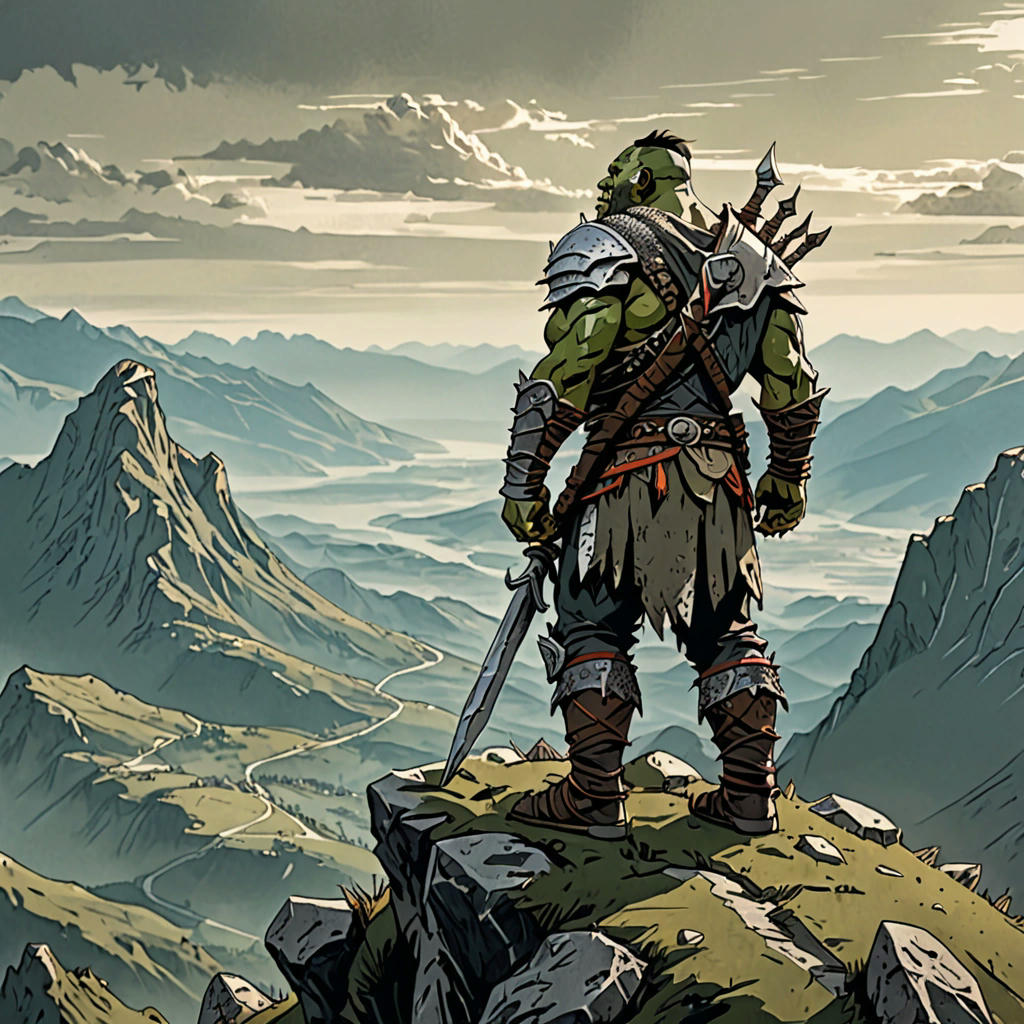 Orc warrior standing on a mountain, looking out at the horizon