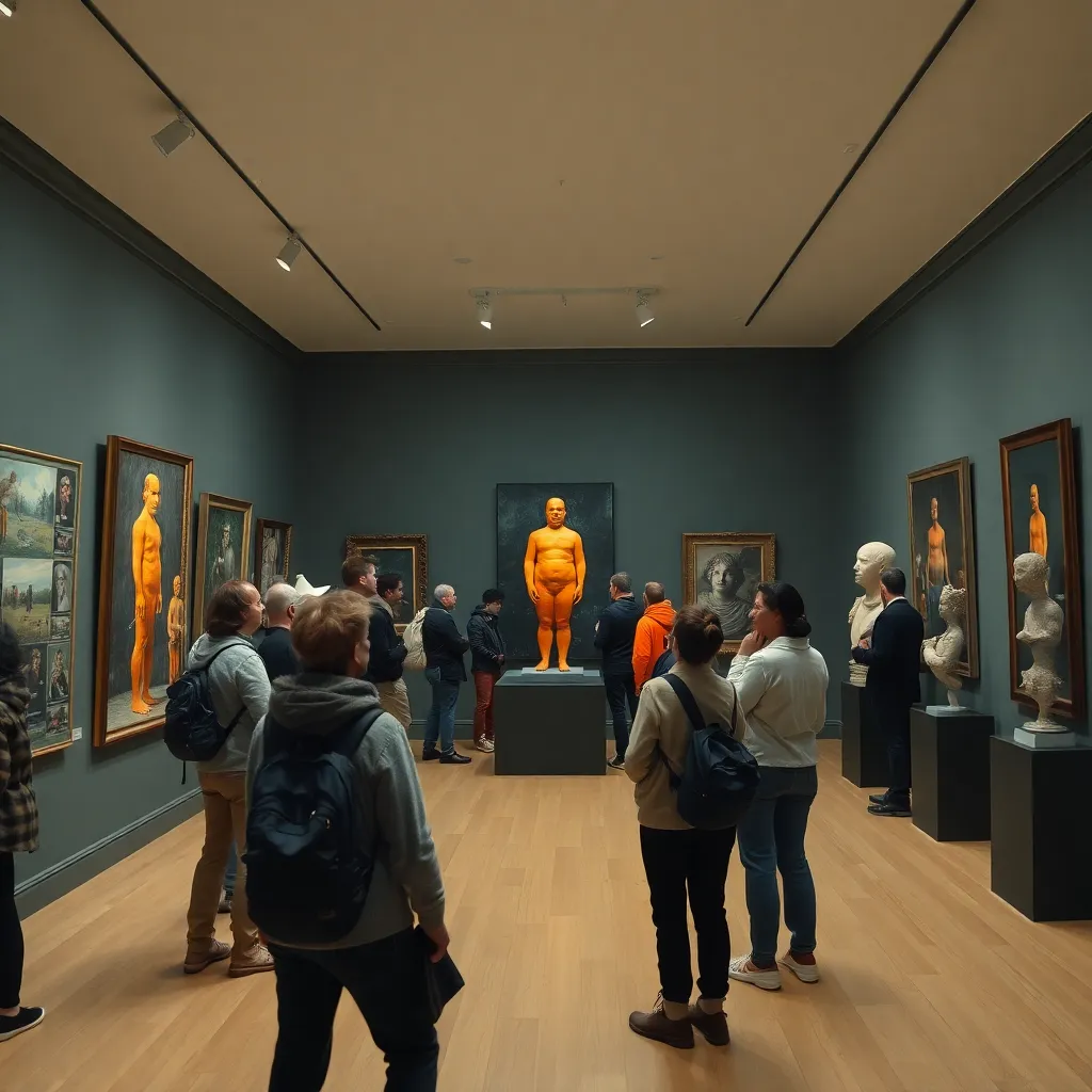 a surreal art gallery filled with paintings and sculptures of an orange-hued figure, visitors observing with puzzled expressions
