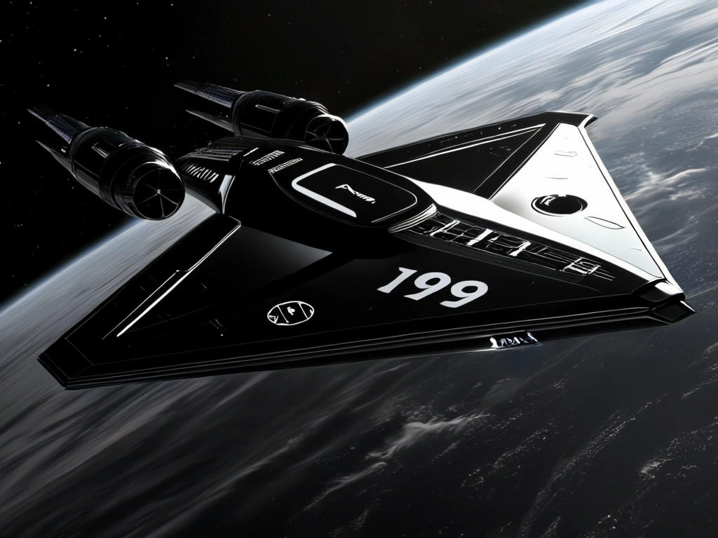 A sleek, glossy black starship with the registration number '19' emblazoned on its hull, hovering in space, with a sense of foreboding