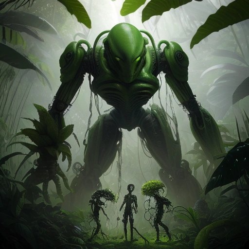 Aliens playing instruments in jungle while soldiers attack