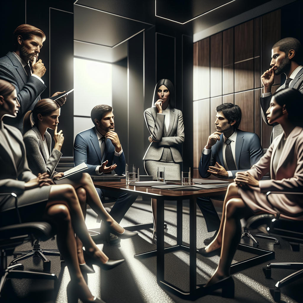 a group of ethicists in a thoughtful discussion in a modern conference room, serious expressions, high-resolution, photorealistic, dramatic lighting