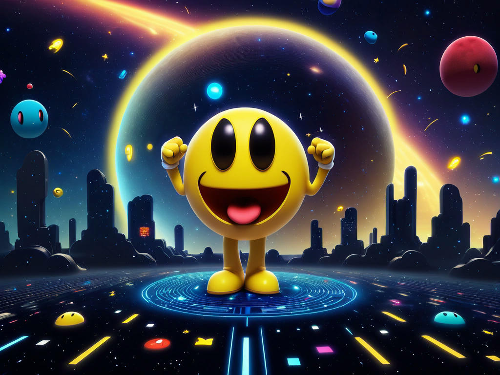 Pac-Man standing triumphantly on a digital landscape, with a backdrop of stars and galaxies