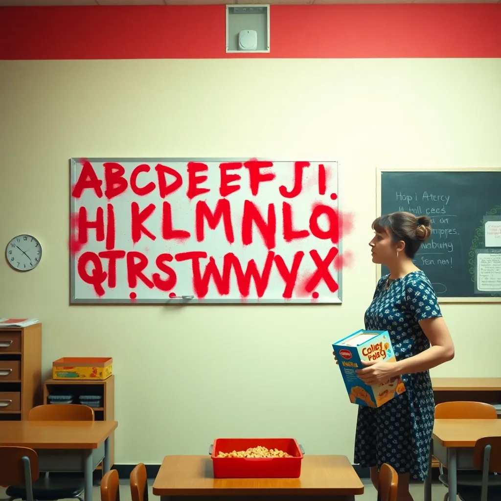 A kindergarten classroom where the alphabet poster on the wall is covered in red spray paint, letters are missing, and a confused teacher is holding a box of cereal, surrealist style