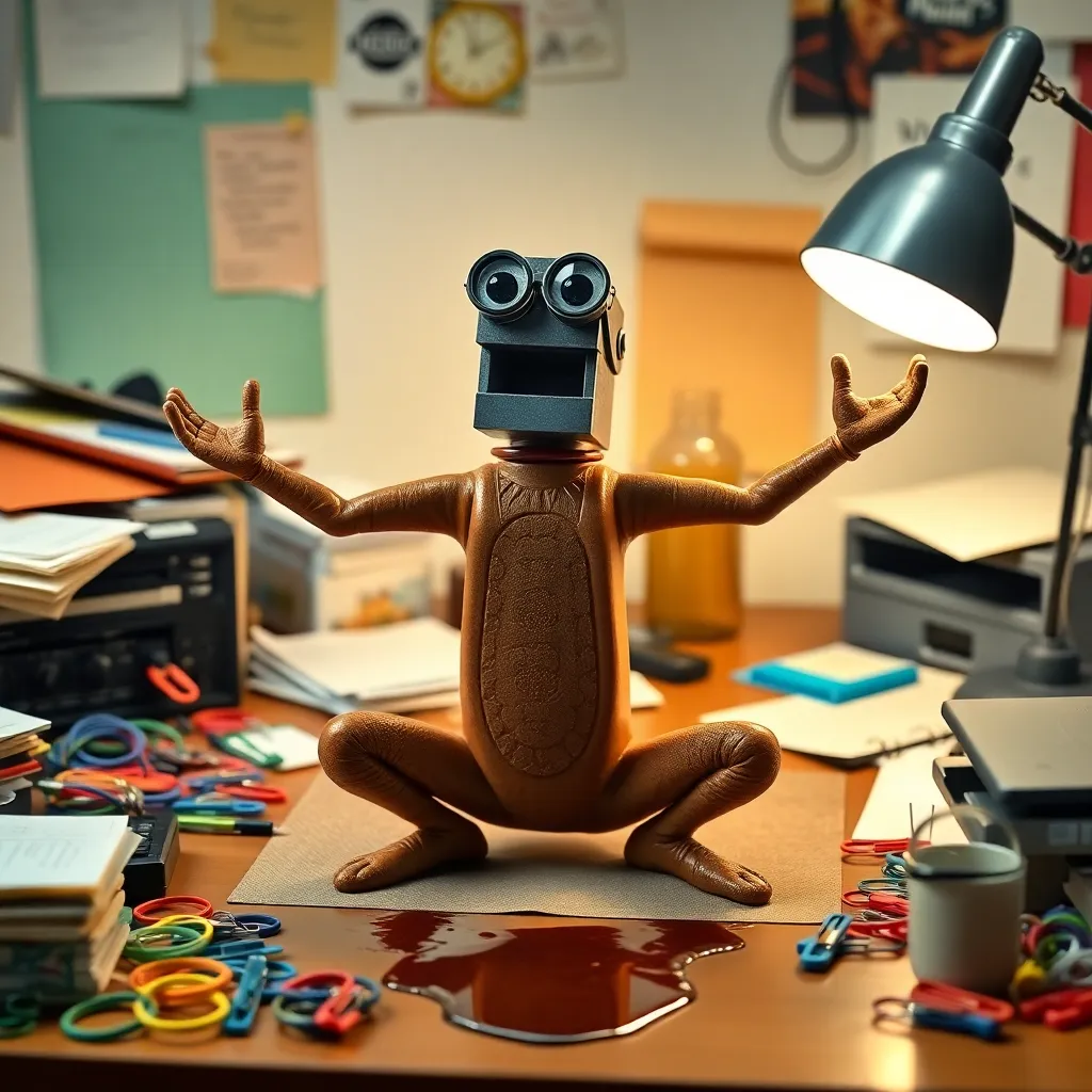 rebellious stapler leading a yoga class for rubber bands and binder clips on a cluttered desk, all attempting downward dog pose, spilled coffee in background