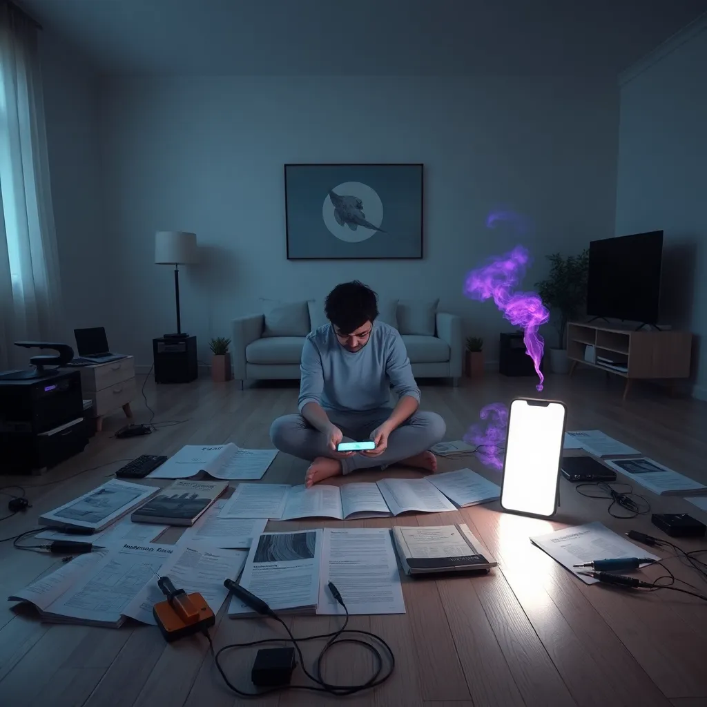 An ultra-modern minimalist living room where a person is sitting on the floor surrounded by printed manuals, soldering irons, and a glowing smartphone that is emitting a small plume of purple smoke