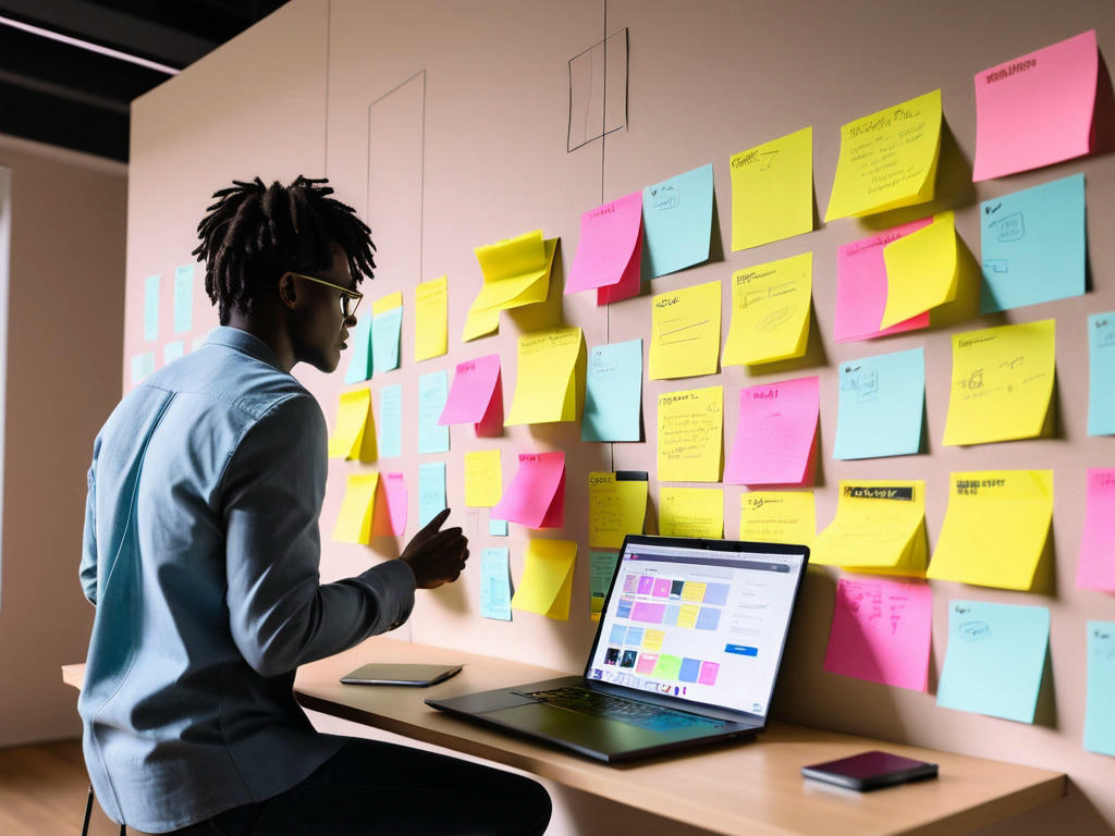 a person brainstorming with sticky notes on a wall, a laptop open with an AI assistant on the screen