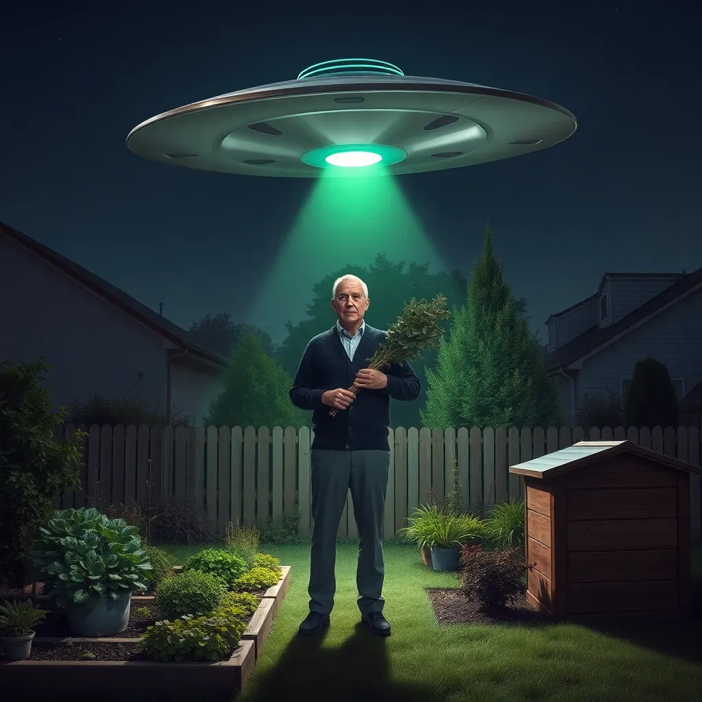 sleek absurd silver flying craft hovering over a suburban garden at night, green beam shining onto herb beds and compost bin, elderly man in cardigan standing bravely with a bundle of eucalyptus, dramatic suburban extraterrestrial encounter, detailed and slightly surreal