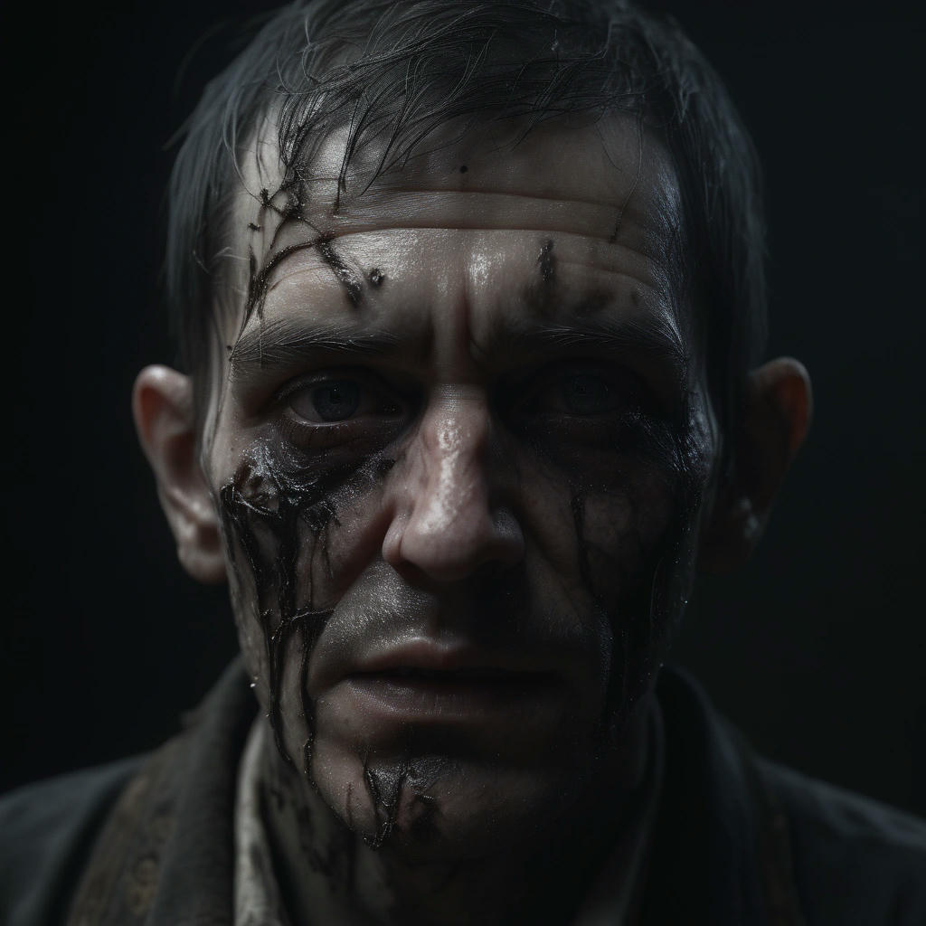 a close up of a person's face, with black eyes and pale decaying skin, eerie and ominous atmosphere, high quality, extremely detailed, cinematic lighting, 4k, hyper realistic, beautiful, intricate details, photo-realism, octane render