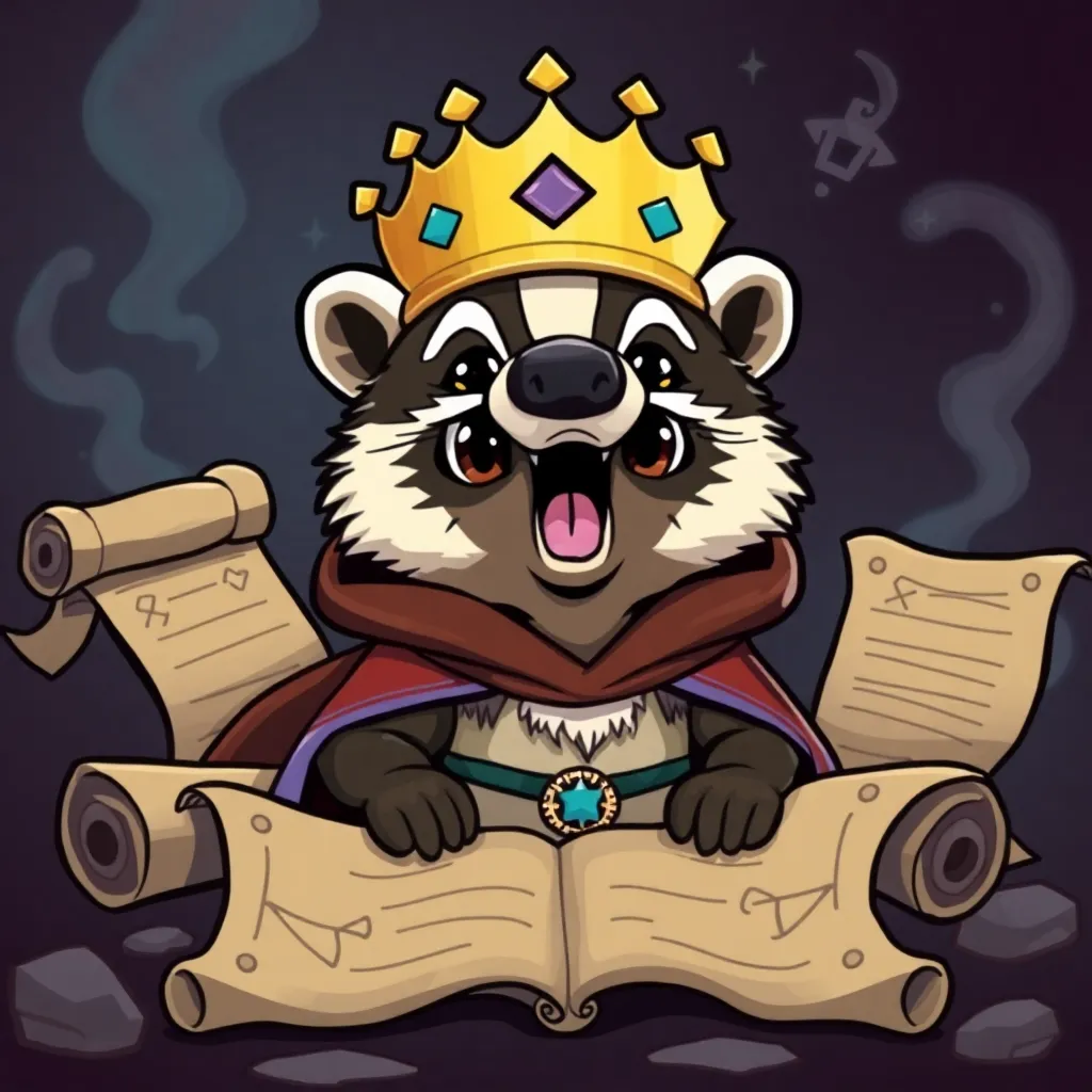 a cartoonish badger wearing a crown and cape, surrounded by ancient scrolls and mystical symbols