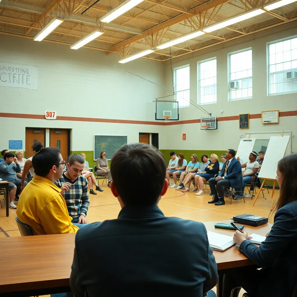 community center hearing where former athletes sit nervously across from meticulous nerd negotiators, evidence boxes, timelines on easels, calculators, legal pads, fluorescent gymnasium setting turned tribunal, tense absurd realism