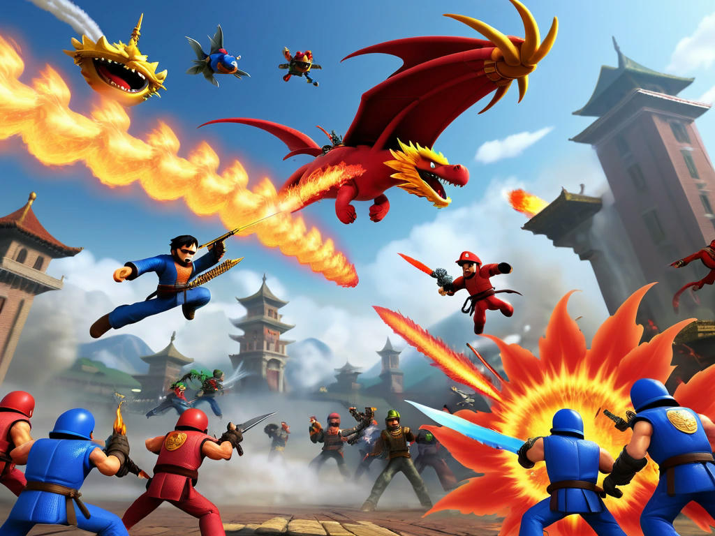 Epic battle scene with a dragon, Maverick's jet flying overhead, Mario using a fire flower, Liu Kang and Sub-Zero fighting, and Monty Python knights in the background