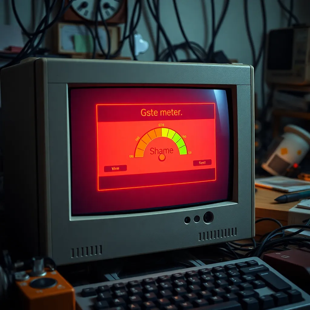 close-up of an old desktop computer screen showing a stern retro software dialog box with a glowing shame meter, cluttered desktop full of chaotic icons, coffee stains, cables everywhere, cinematic lighting, humorous high-detail