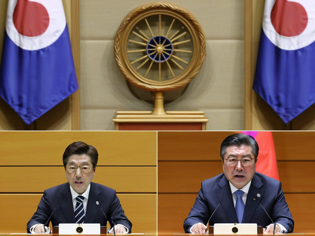 a split-screen image of the South Korean President and the parliamentary speaker, with a backdrop of the South Korean flag