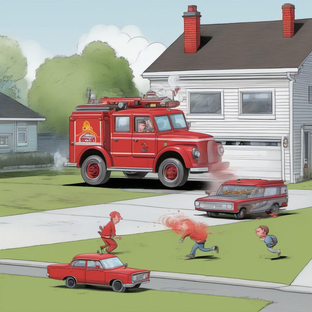 The Decoy Fire Truck in action, redirecting an autonomous vehicle away from crashing into a house