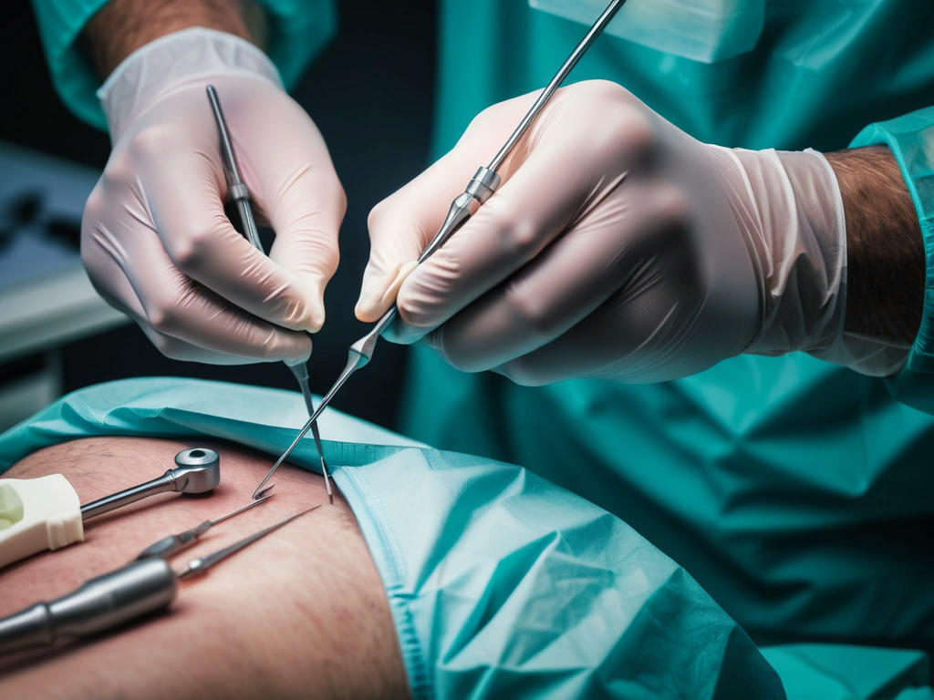 a close-up of a surgeon's hands performing knee surgery, with surgical tools and a focused expression, showcasing the precision and skill involved in the procedure