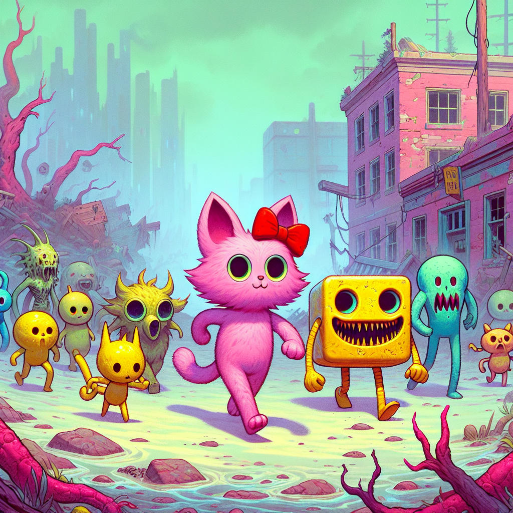 Hello Kitty and fellow characters in a dystopian world