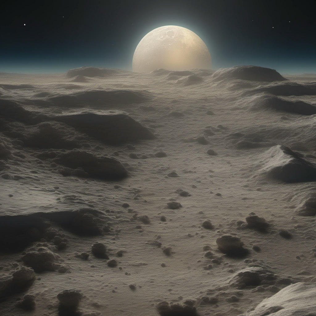 An artistic depiction of the moon's rugged terrain, capturing its craters and mountains under the radiant moonlight.