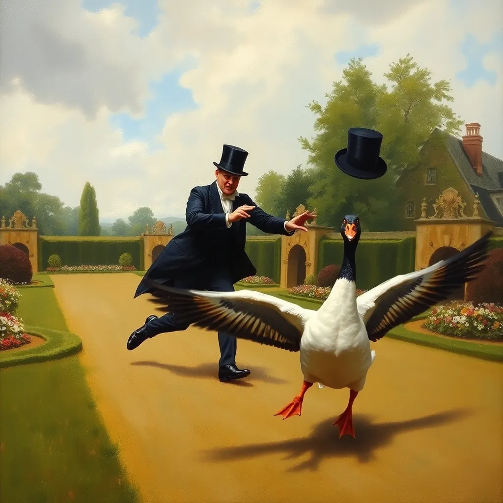An oil painting of a Victorian gentleman being chased across a manicured garden by a single, extremely aggressive goose, his top hat flying off in terror.