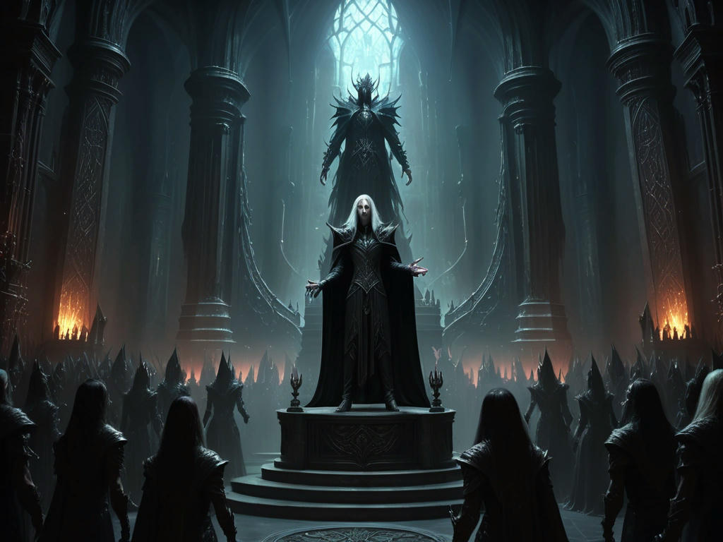 a dark gothic fantasy scene showing a tall elven figure in business attire standing at a podium, addressing a crowd of orcs in an ornate dark chamber with volcanic light streaming through windows