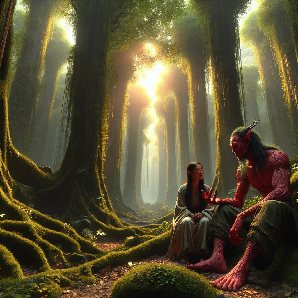 a human woman and a demon sitting together in an ancient forest, sharing stories, warm and peaceful atmosphere, intricate details, 8k resolution