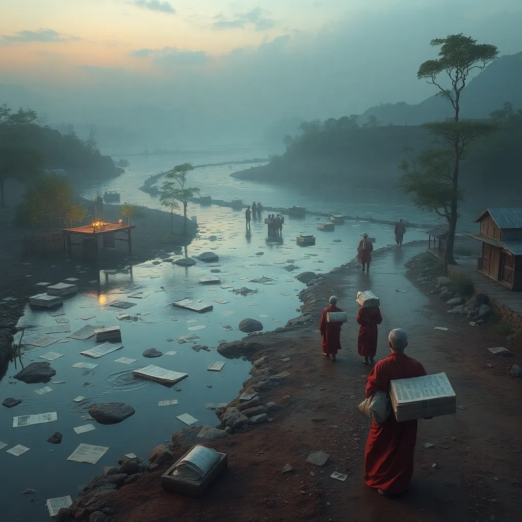 surreal river flowing toward abstract conclusions instead of the sea, flooded archive of impossible documents, papers dissolving into dry memory holes, villagers in ceremonial robes carrying bundles of silence, twilight uncertainty over a valley of hesitation-grown trees, mystical atmosphere, ultra detailed, dreamlike realism