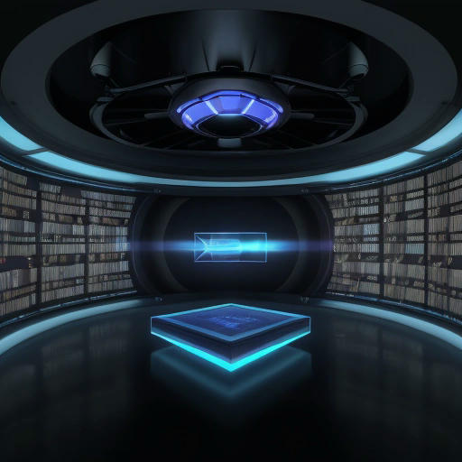 A futuristic film archive with holographic displays