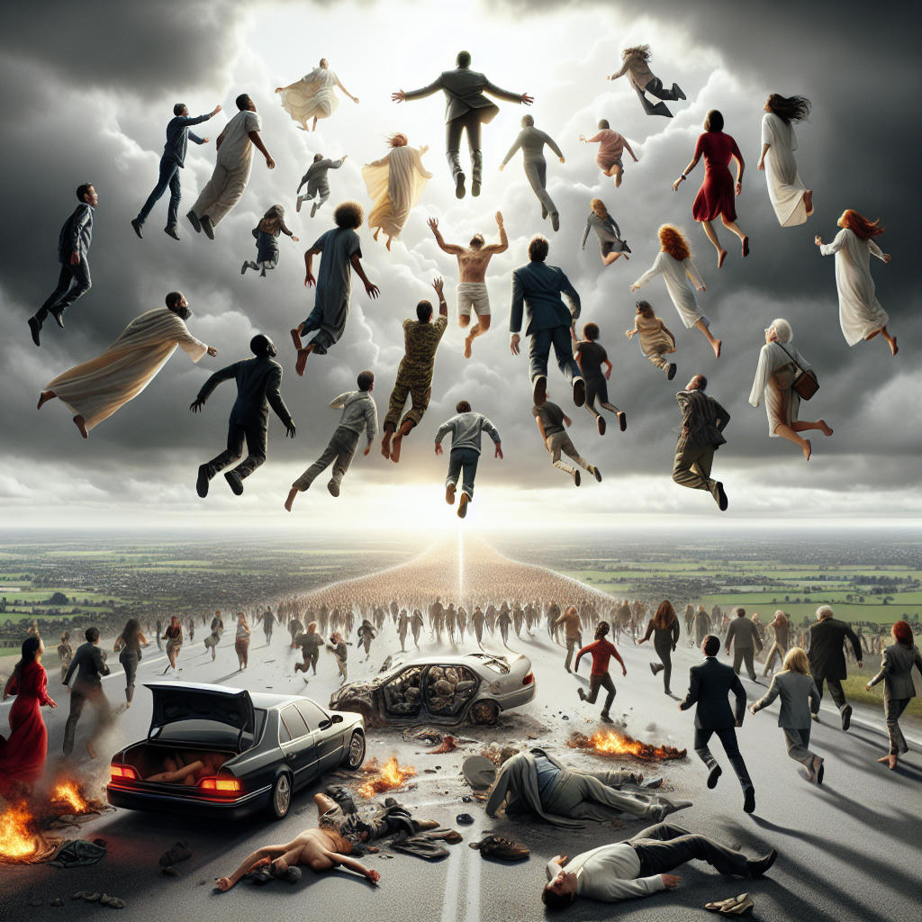 A dramatic scene depicting the Rapture, with people being lifted into the sky and chaos unfolding on Earth, high detail, photorealistic