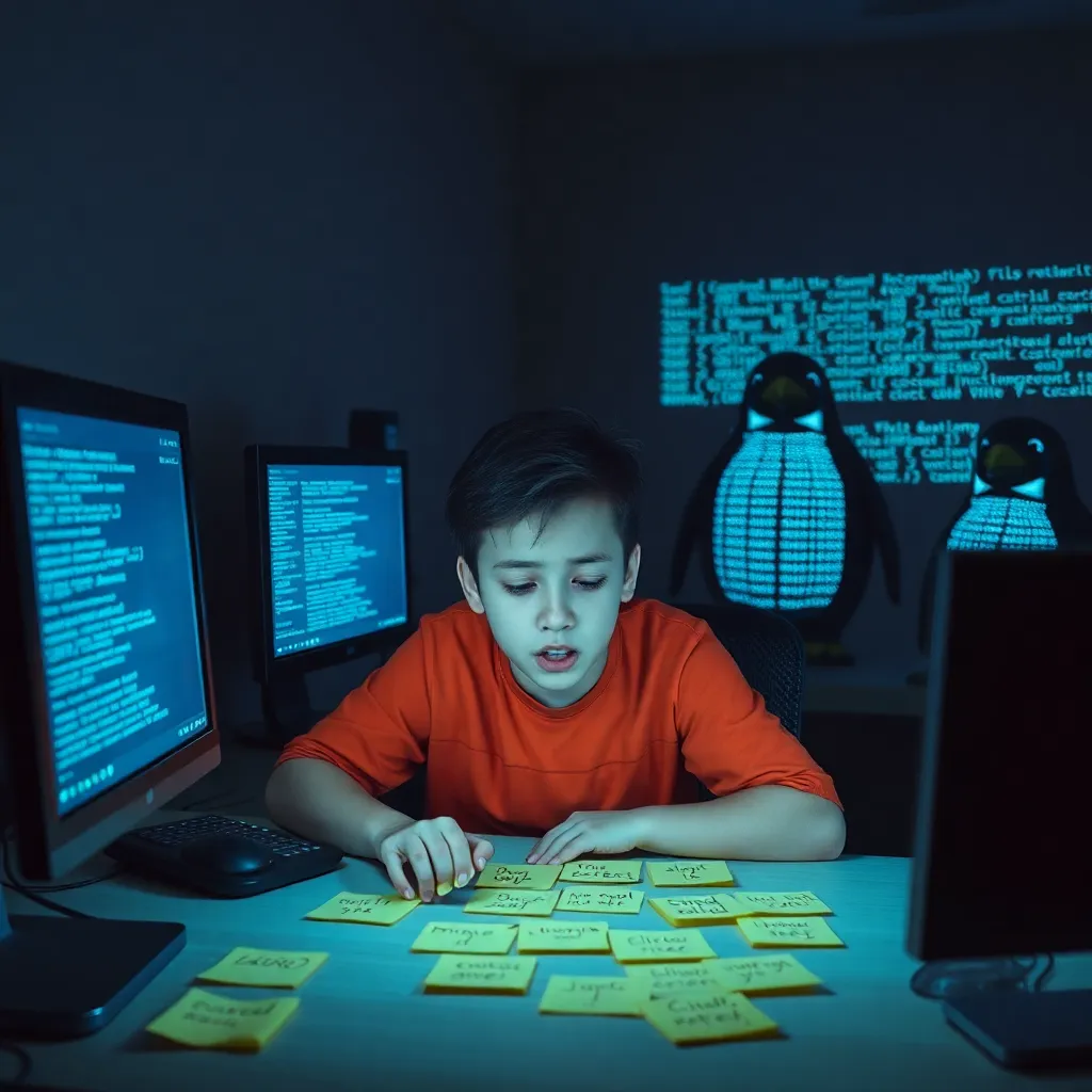 heroic but exhausted young meme creator training in a dim room lit by computer monitors, practicing with sticky notes of joke ideas about updates and blue screens, while spectral penguins made of terminal text loom in the background like final bosses, cinematic and absurdly epic