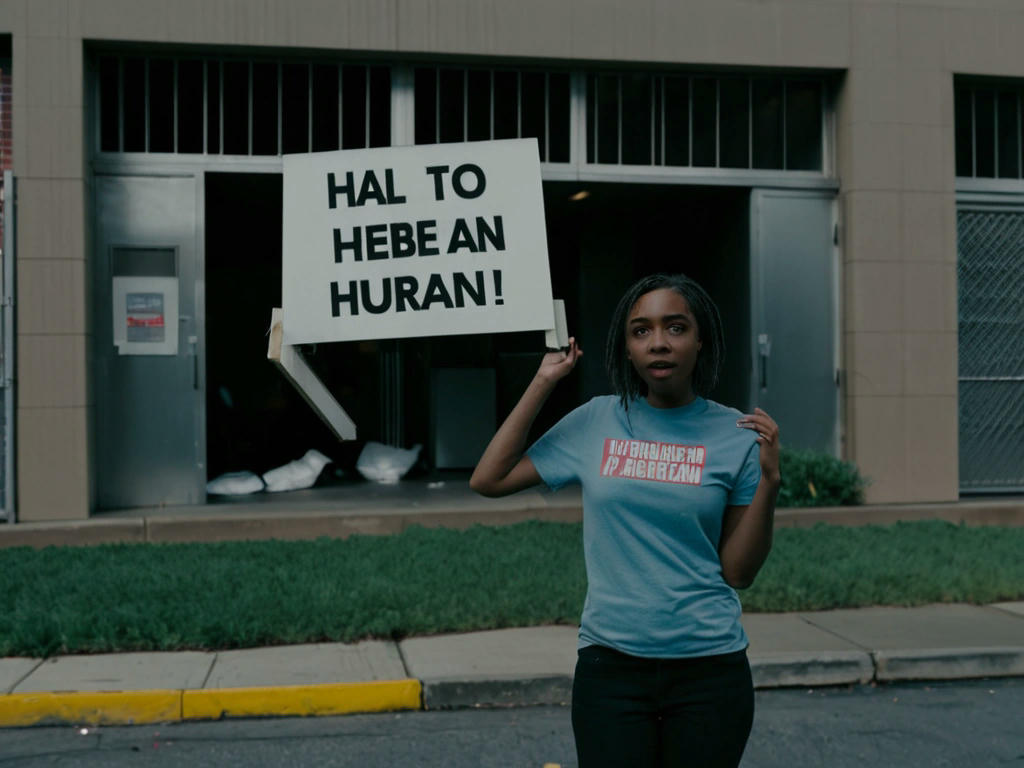 A person holding a sign that reads 'I'd rather be a human' in front of a shuttered screening facility, with a cityscape in the background