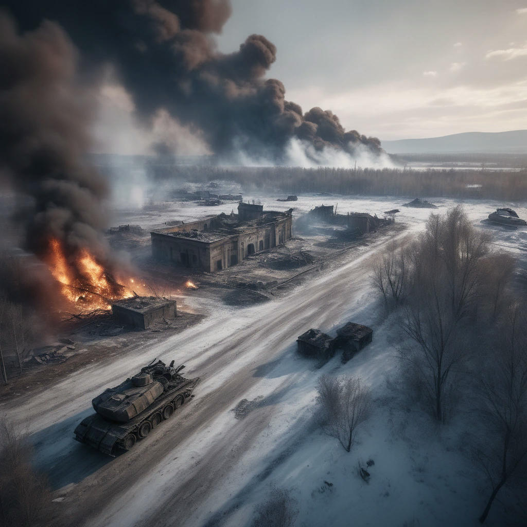 A dramatic landscape of the Russian countryside, with eagles and bears clashing in the foreground, smoke and flames rising from destroyed buildings, a destroyed tank in the distance, cinematic lighting, hyper-realistic, 8K resolution, trending on ArtStation