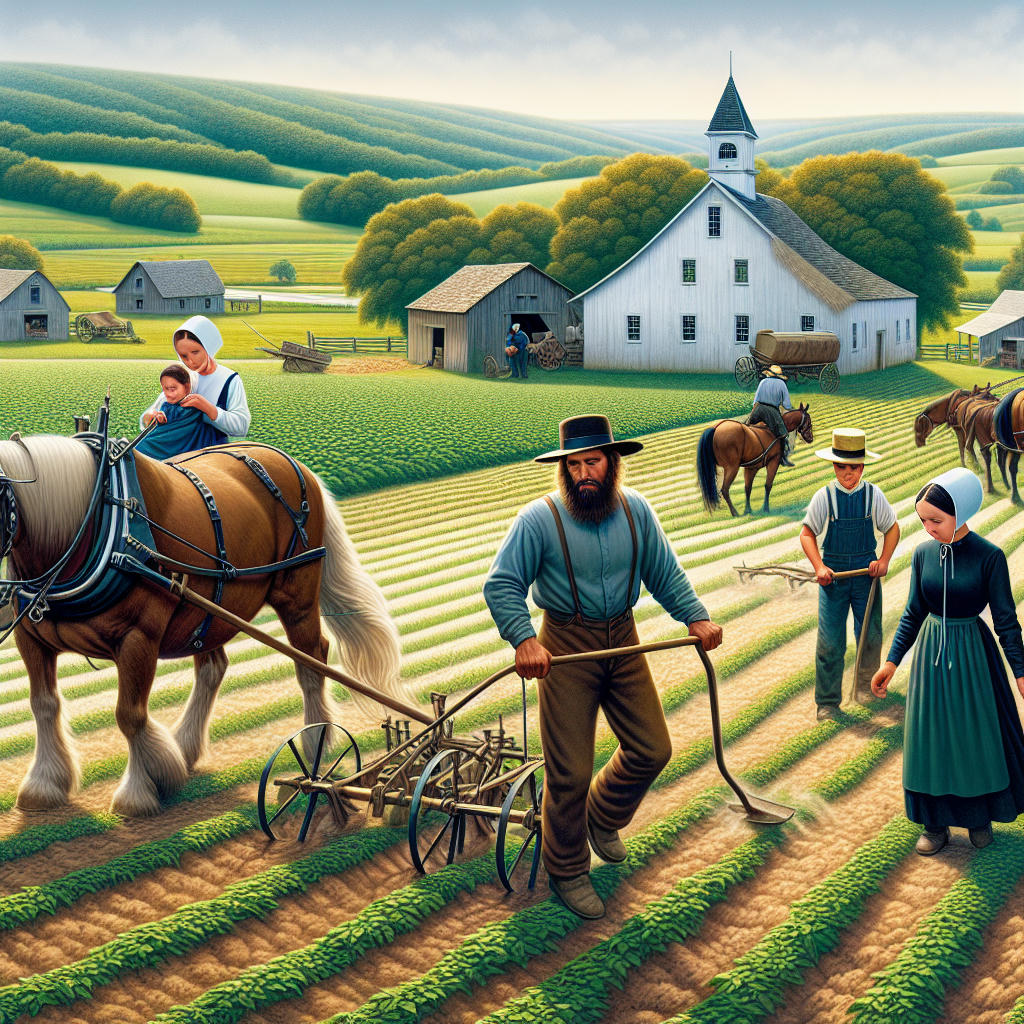 A traditional Amish family working on their farm, with horse-drawn plows and no modern technology in sight, high detail, photorealistic