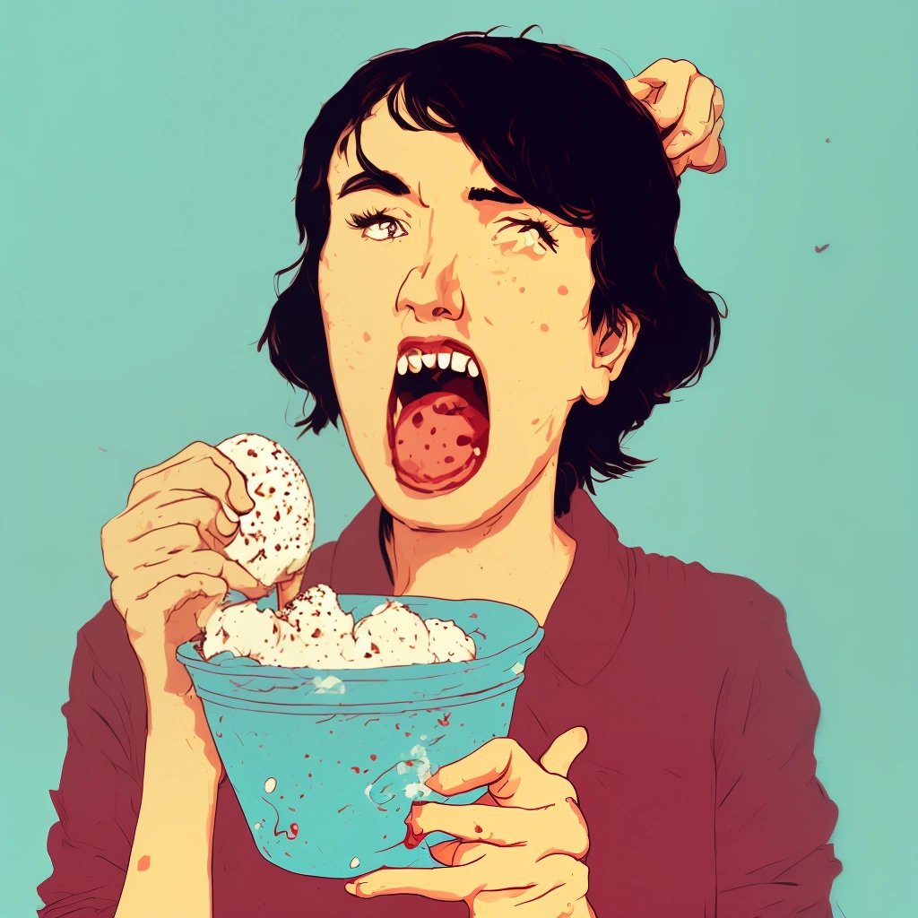 Person hesitating before eating ice cream