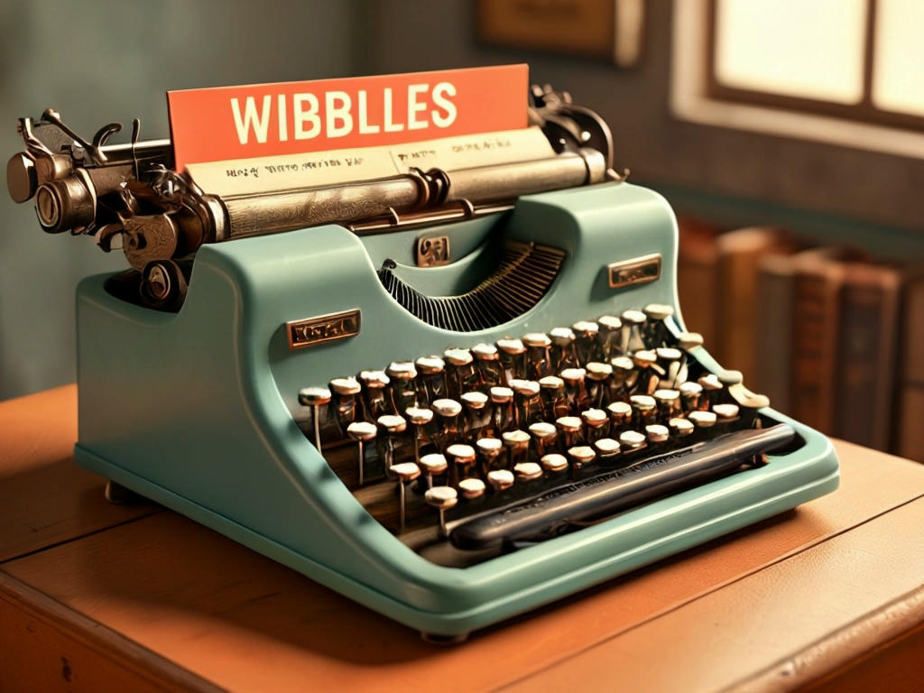 a vintage typewriter with animated, playful keys, typing out 'Wibble News' in a fun, bouncy font