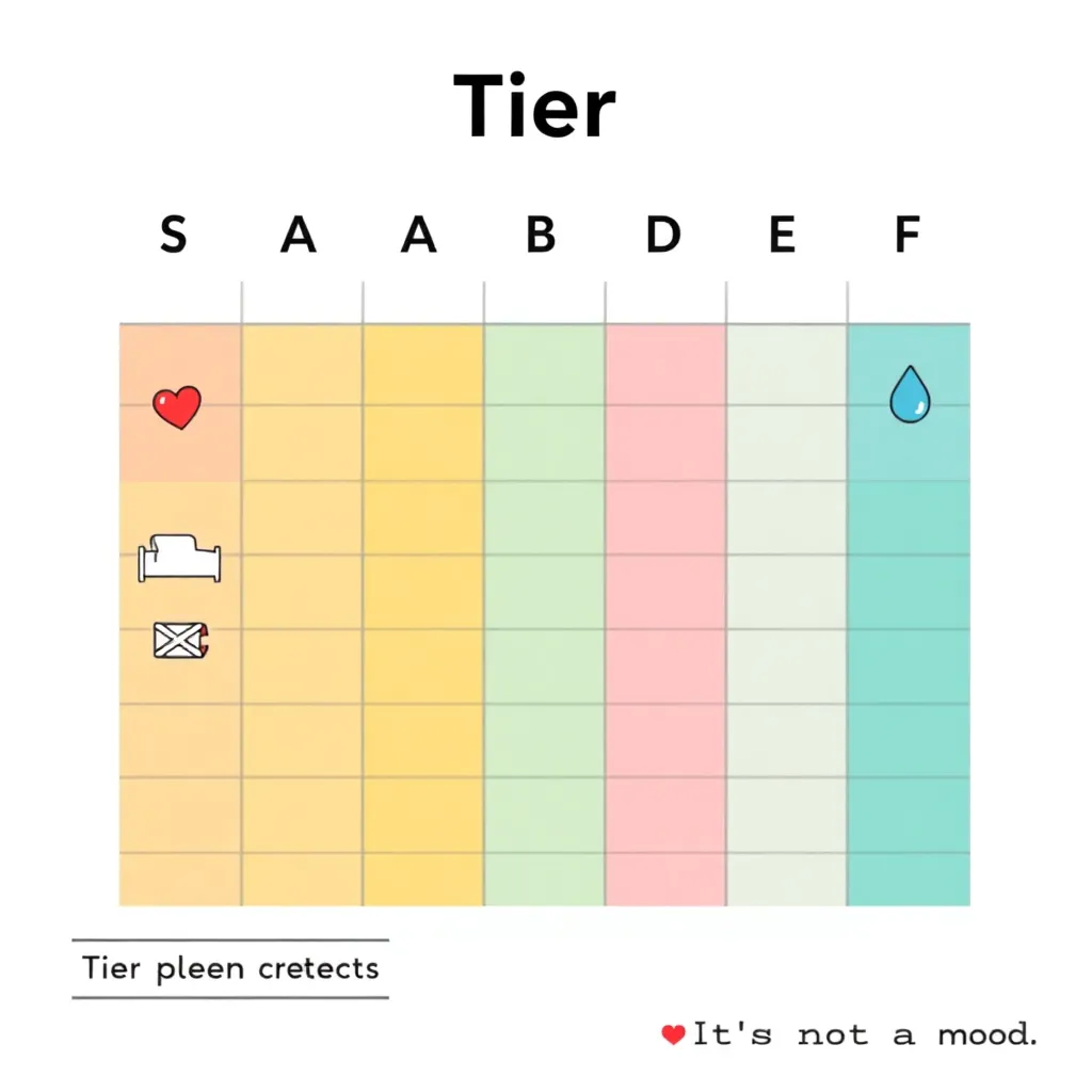 The Universal Tier List infographic (S–F) with “vibes-based” footnotes