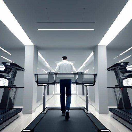 A man working for Paperclip Maximizer on a treadmill while robot arms manufacture paperclips