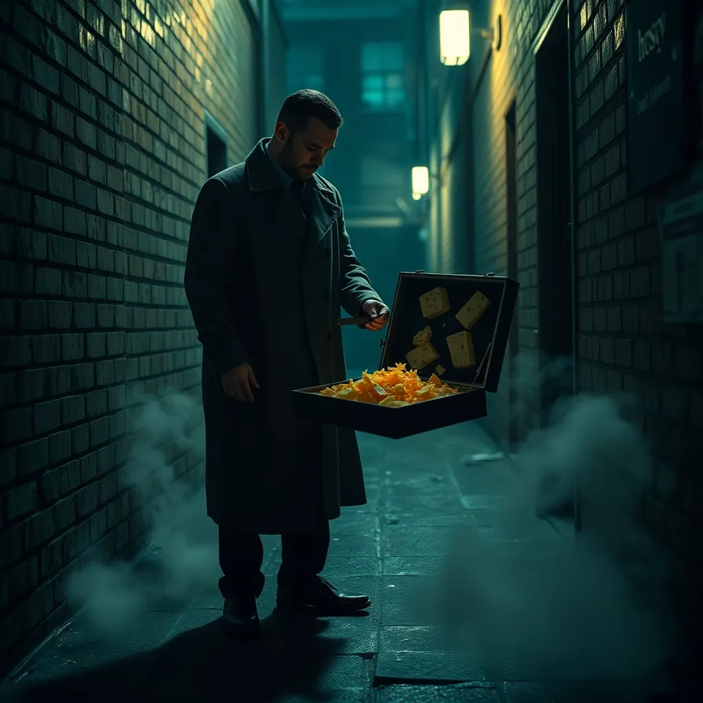 A gritty noir scene of a back-alley deal where a man in a trench coat is exchanging a briefcase full of glowing shredded Swiss cheese for a secret microfilm, steam rising from the pavement