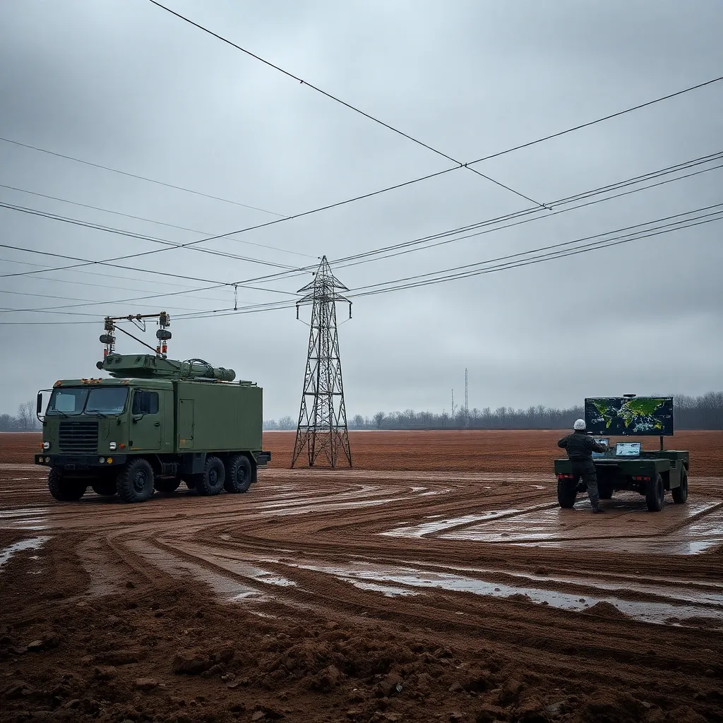 mobile battlefield power system supplying a futuristic railgun, armored generator trucks, capacitor banks, cables across muddy terrain, Ukrainian engineers monitoring screens in a field command post, realistic overcast wartime setting, dramatic and detailed