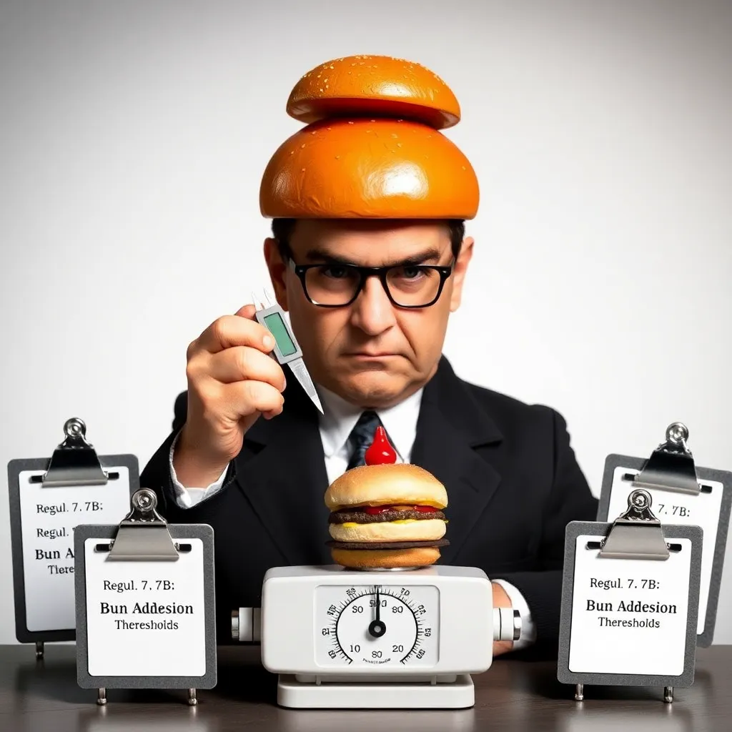 A stern-faced official in a tiny burger-shaped hat measuring ketchup droplet placement with calipers on a miniature scale, surrounded by clipboards labeled 'Regulation 7B: Bun Adhesion Thresholds'
