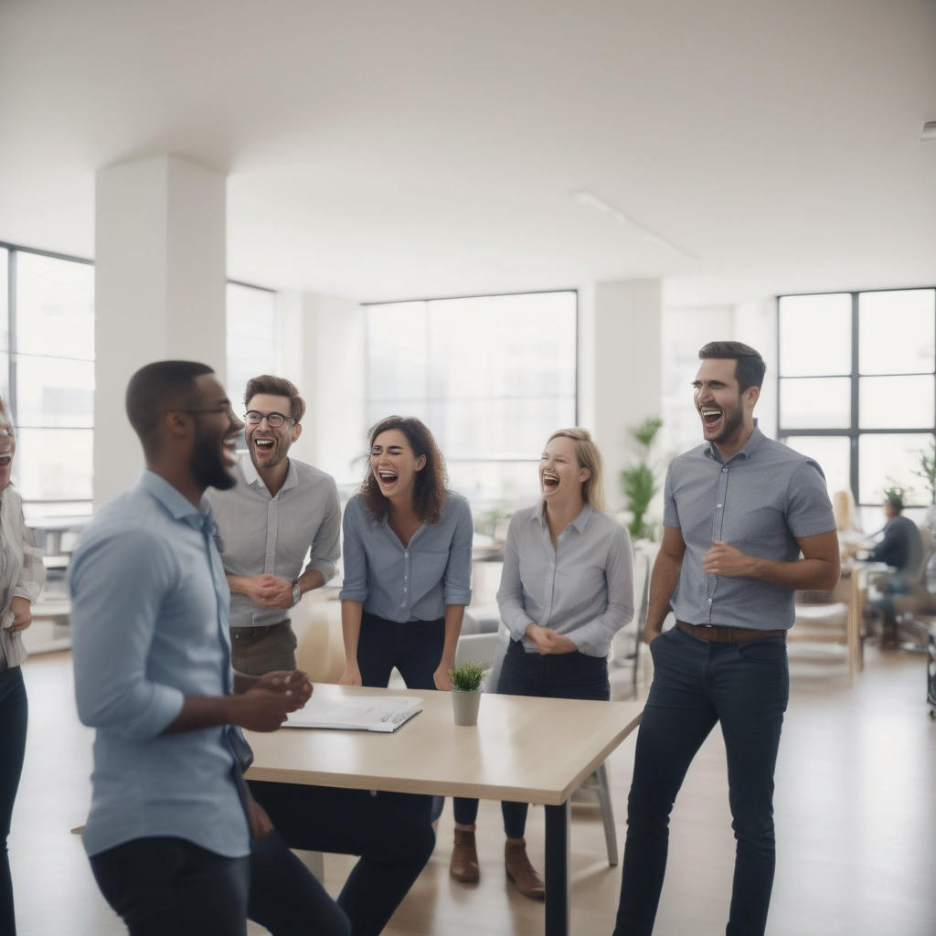 a group of coworkers laughing and chatting together, with a subtle hint of annoyance in the background, office setting, natural lighting, high quality, detailed